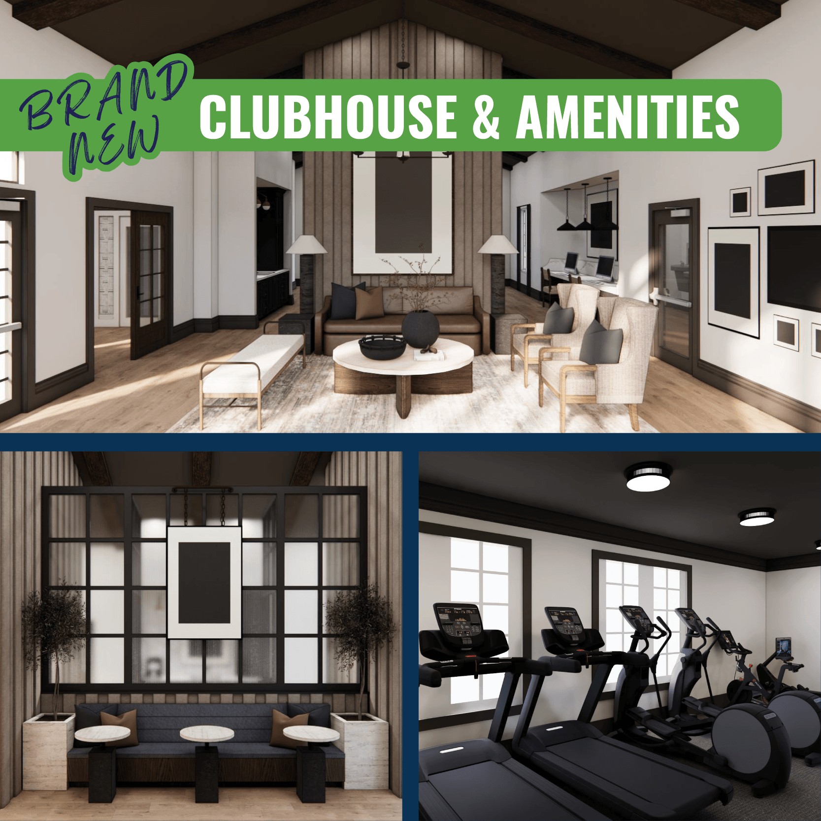 SEVERAL IMAGES OF A NEWLY RENOVATED RESIDENT ACTIVITY CENTER DISPLAYING THE NEW FINISHES AND AMENITIES NOW AVAILABLE TO RESIDENTS
